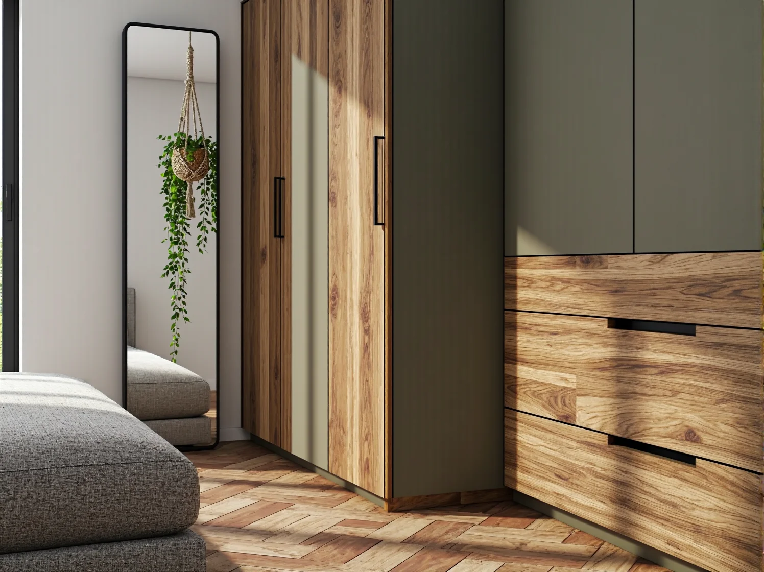 Biała szafa narożna z lustrami optycznie powiększająca mały pokój.