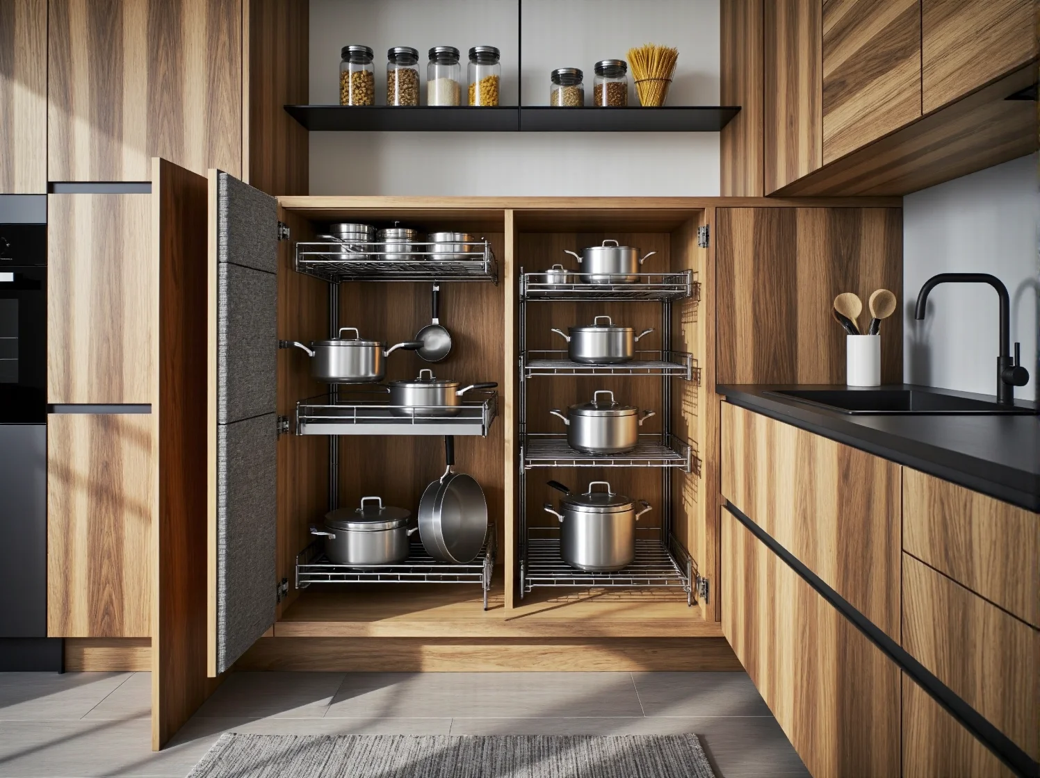 Praktyczne rozwiązania i systemy przechowywania w modułowych szafkach kuchennych.