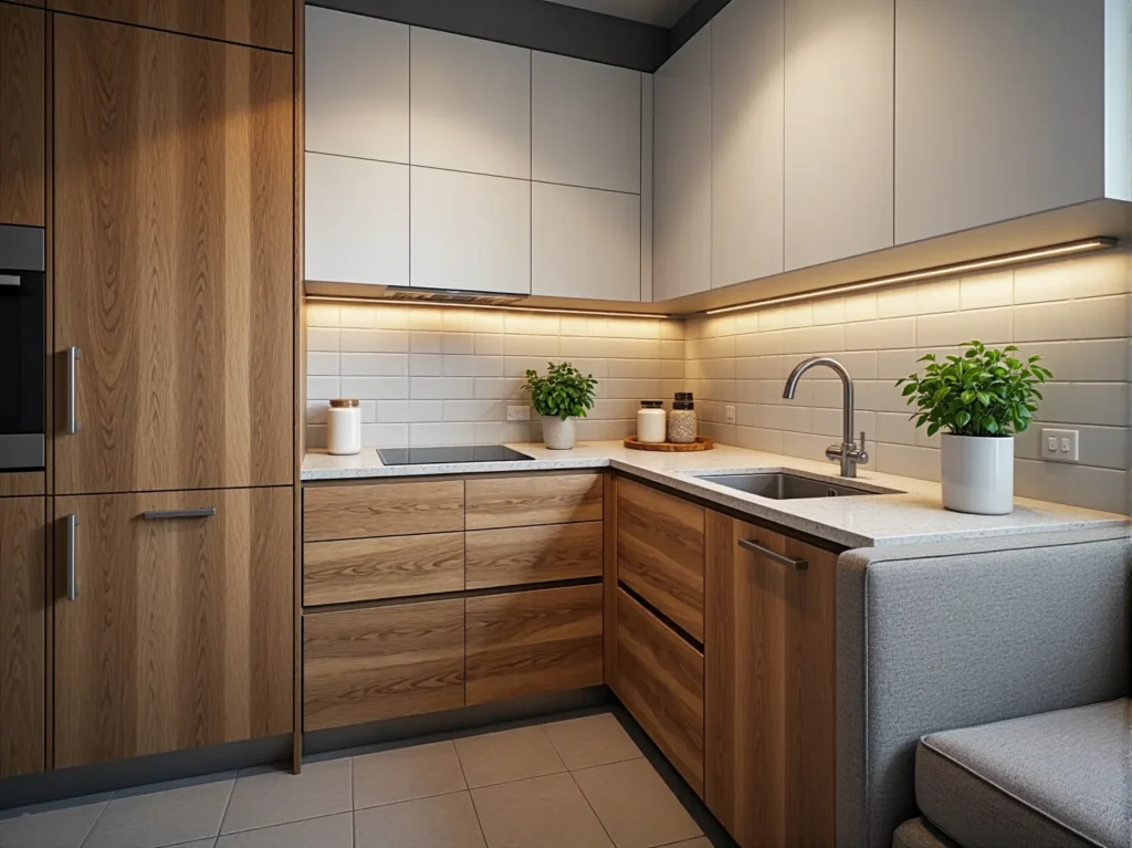 Narożna zabudowa kuchenna dąb naturalny z białymi górnymi szafkami