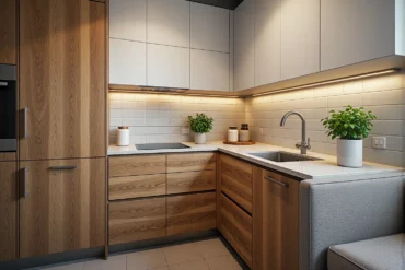 Narożna zabudowa kuchenna dąb naturalny z białymi górnymi szafkami