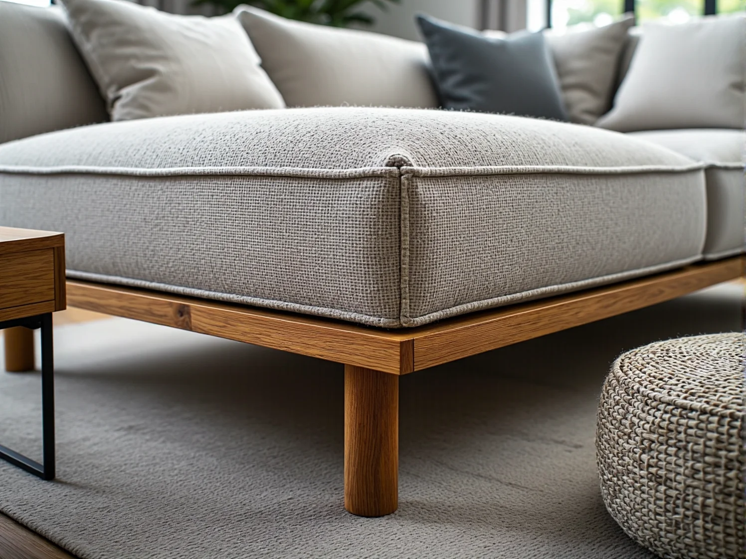 Szara sofa z szezlongiem idealna do popołudniowego relaksu.