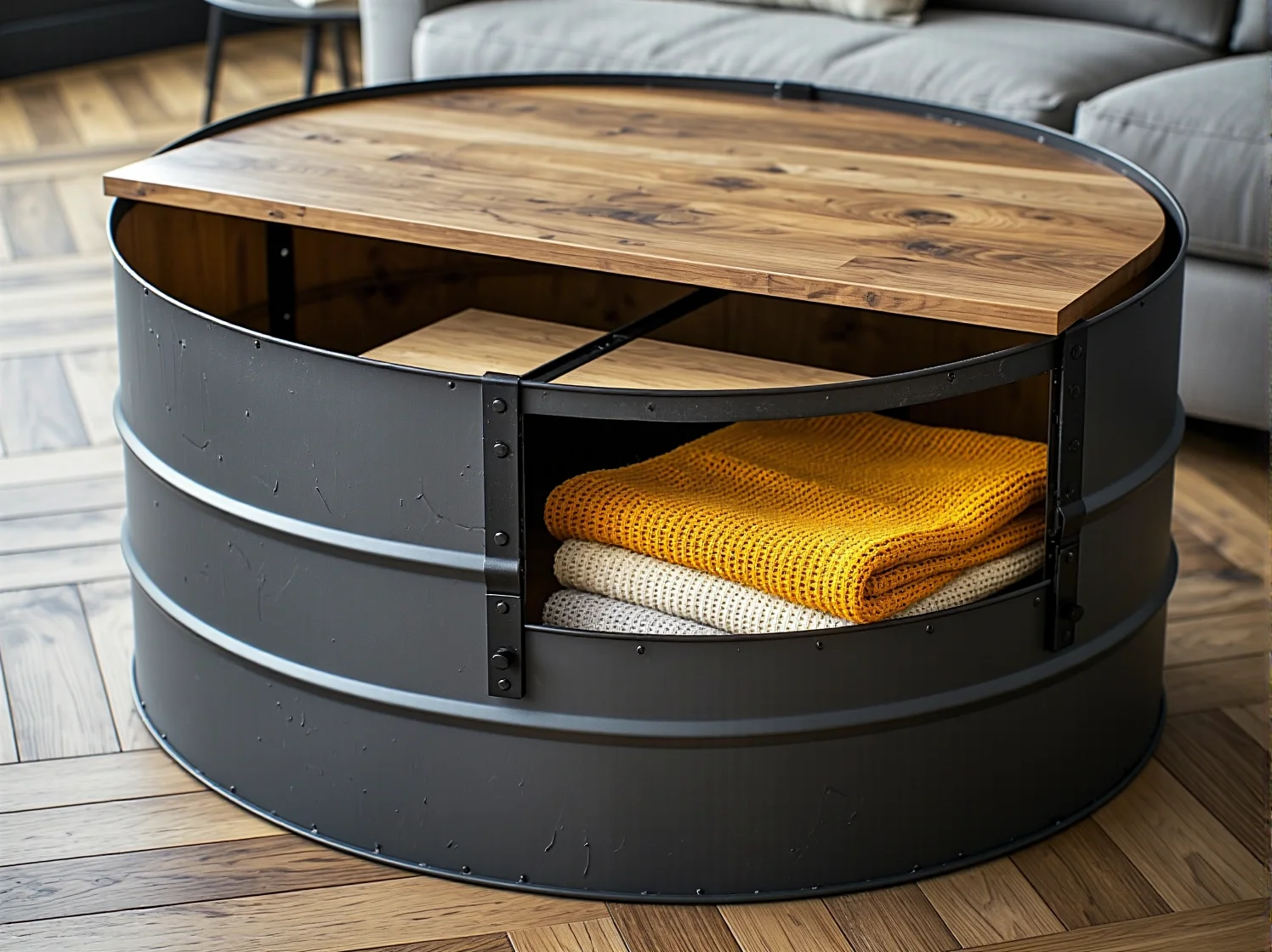 Szlifowanie i lakierowanie drewna z odzyskanej beczki.