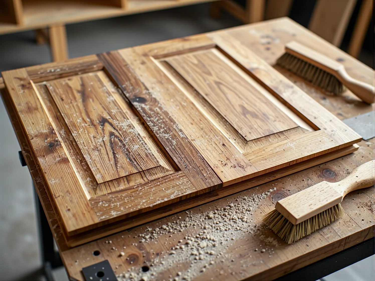 Szlifowanie papierem ściernym zniszczonej szafki z drewna przed malowaniem