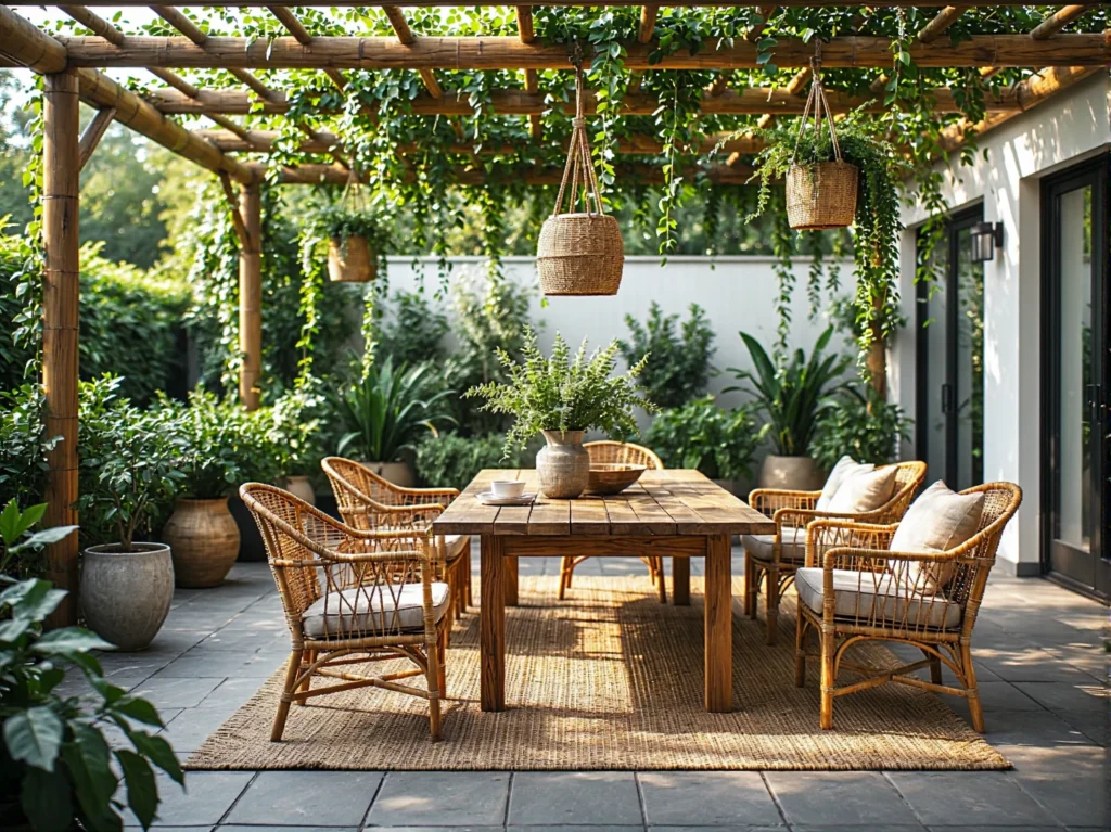Drewniany stół ogrodowy z rattanowymi krzesłami i poduszkami