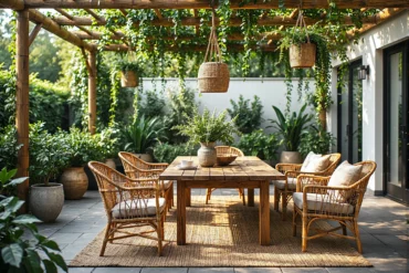 Drewniany stół ogrodowy z rattanowymi krzesłami i poduszkami