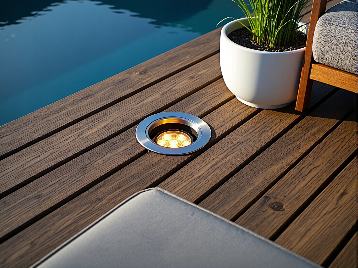 Modne oświetlenie strefy relaksu nad przydomowym basenem.