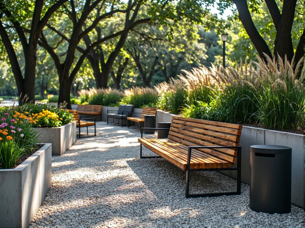 Drewniana ławka ogrodowa na metalowej ramie w kolorze naturalnym