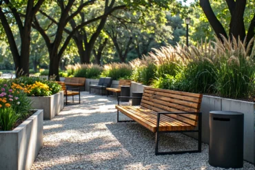 Drewniana ławka ogrodowa na metalowej ramie w kolorze naturalnym