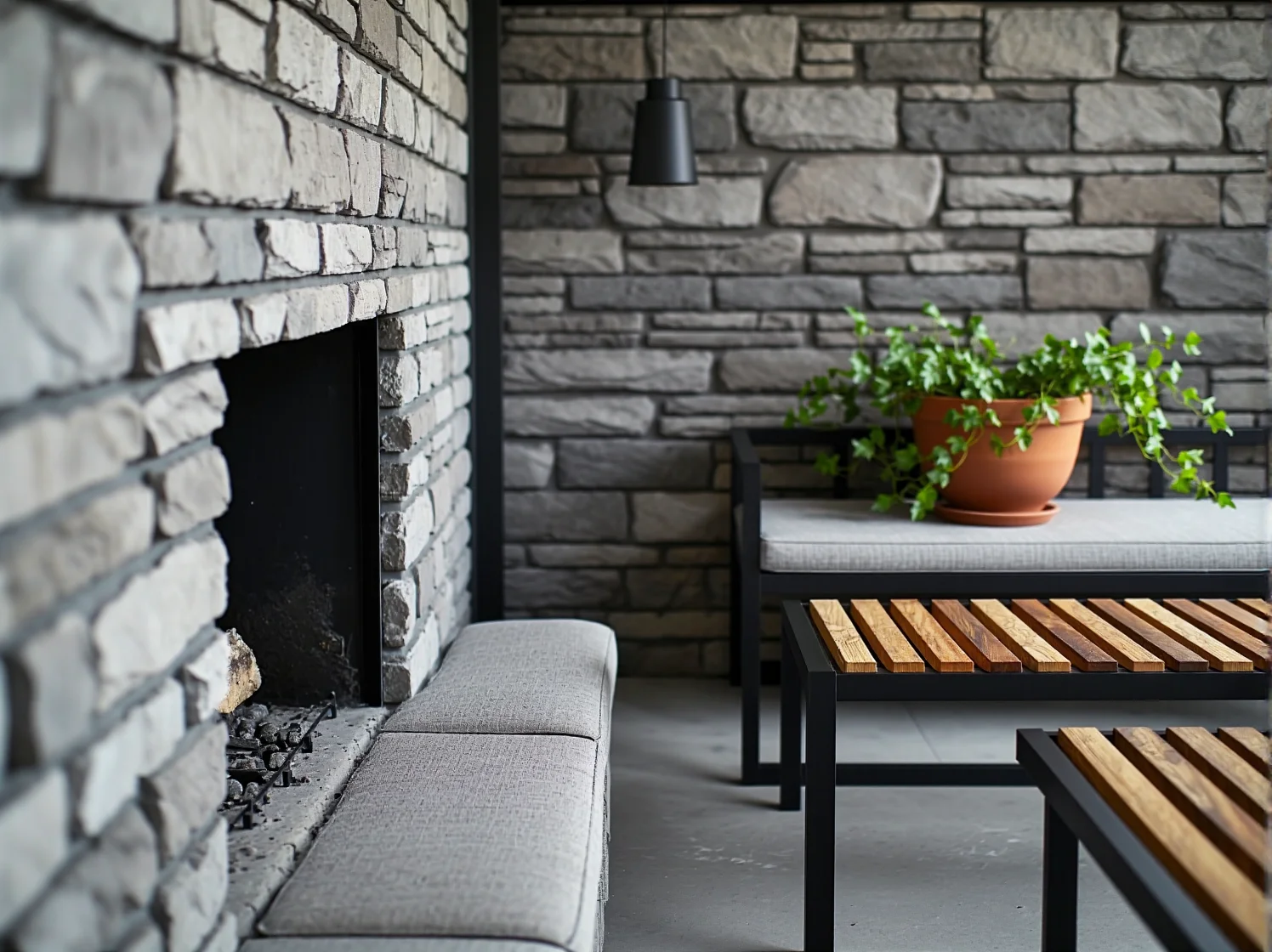 Przytulna strefa relaksu w ogrodzie z sofą narożną i kominkiem podczas letniego wieczoru.