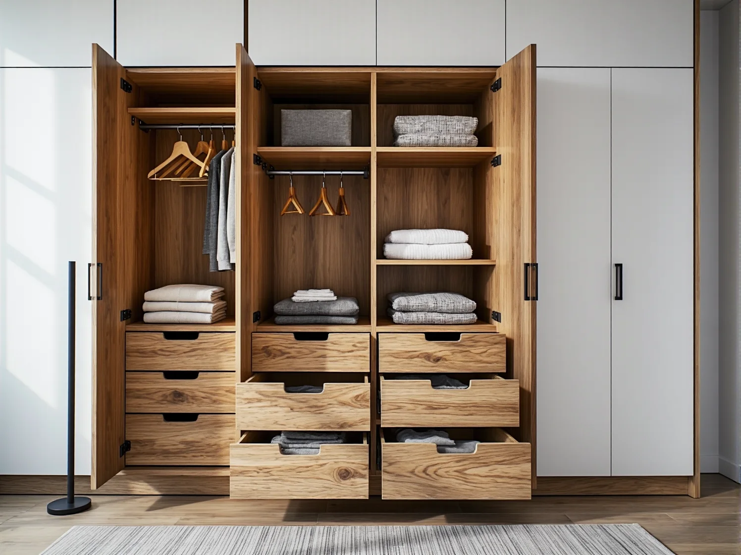 Praktyczny układ wnętrza szafy narożnej: drążki na wieszaki i pojemne półki.