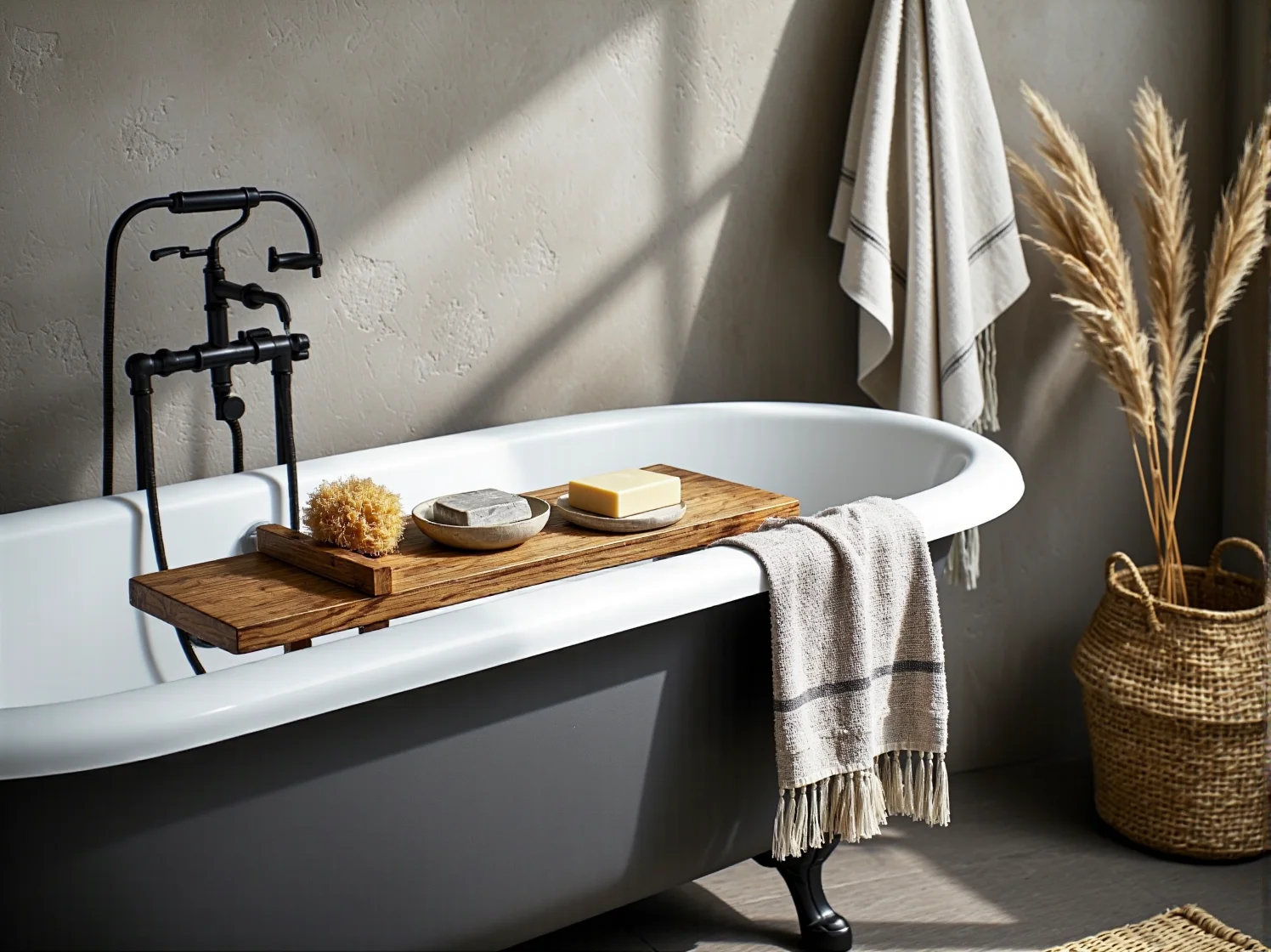 Wolnostojąca wanna i ceramiczna umywalka to idealne wyposażenie łazienki rustykalnej.