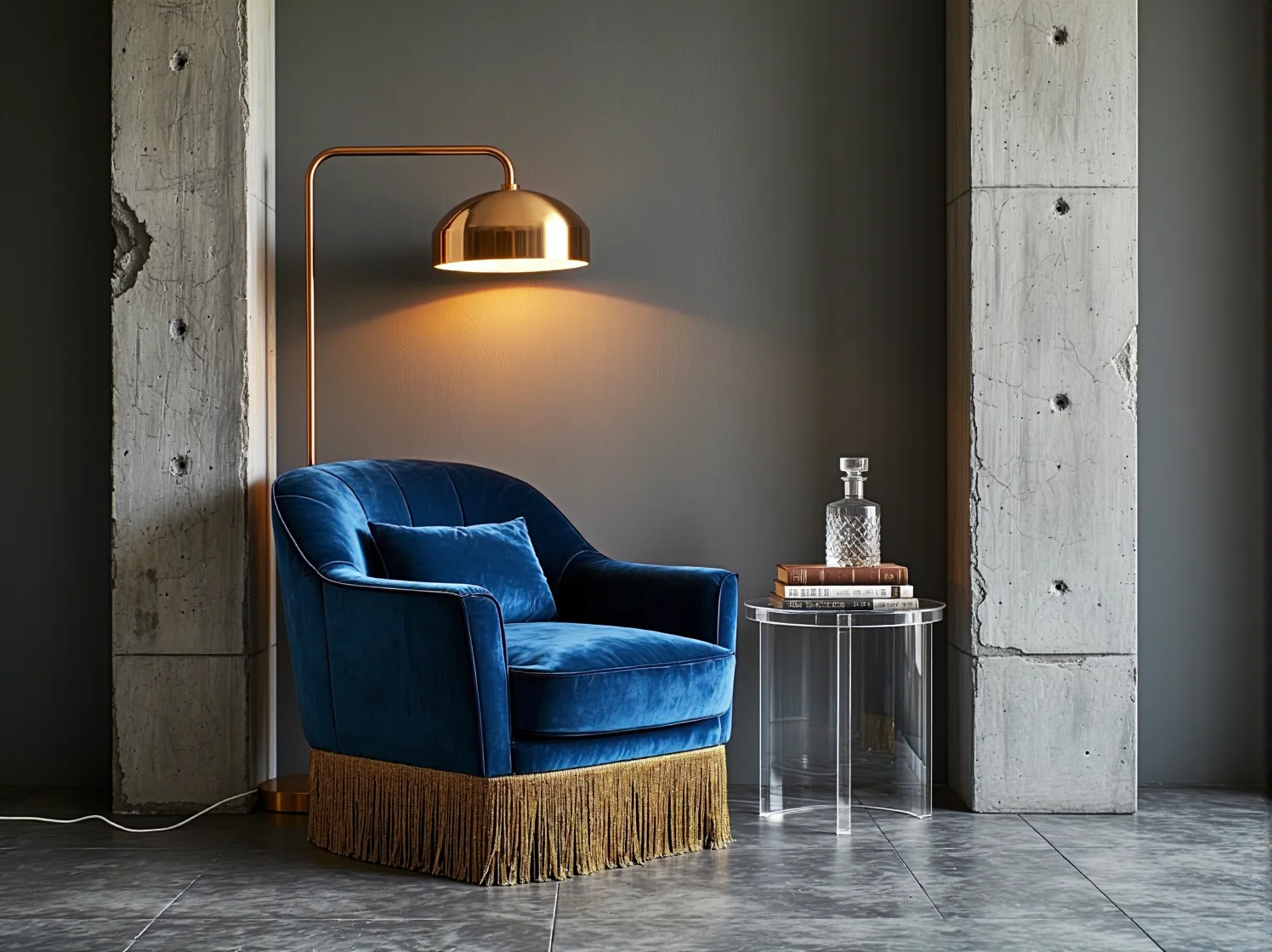 Złote dodatki i welurowy fotel przełamujące surowość loftowego salonu.