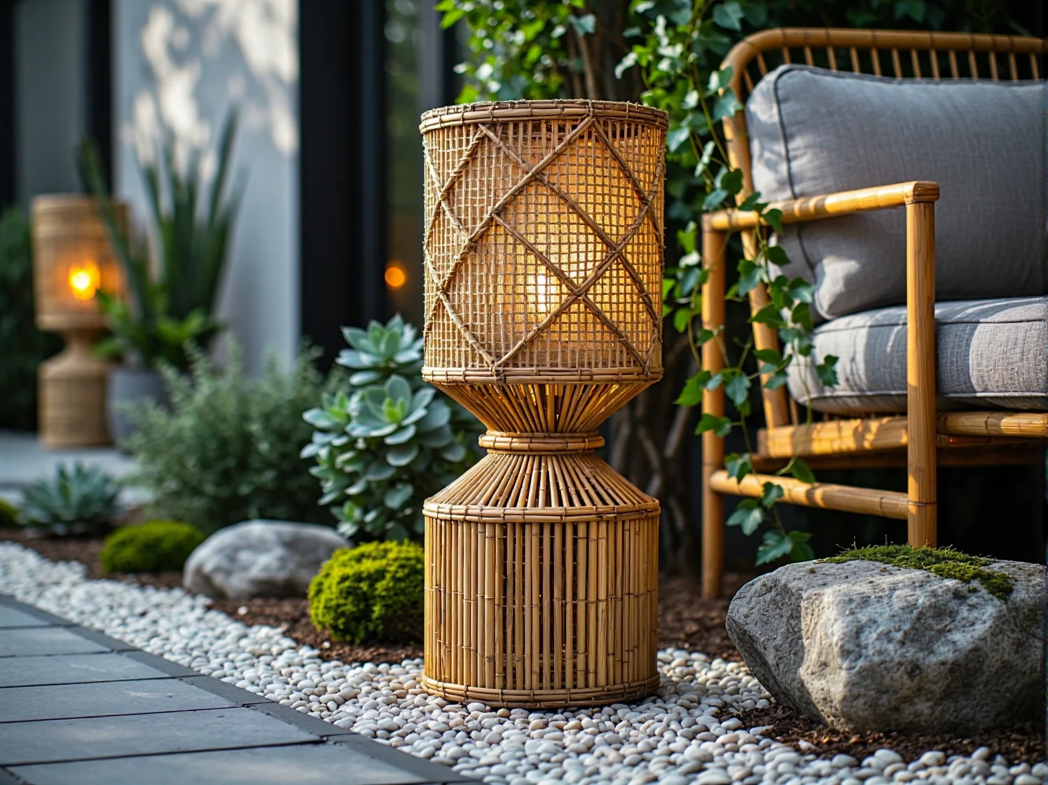 Wiszące lampiony z makramy i wikliny oświetlające kamienną dróżkę w ogrodzie