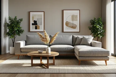 Narożnik tapicerowany szary na drewnianych nóżkach z szezlongiem