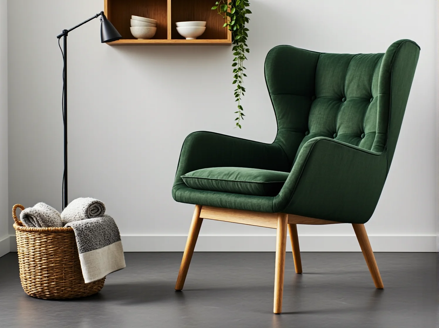 Wygodny fotel skandynawski w przytulnej strefie relaksu z lampą do czytania.