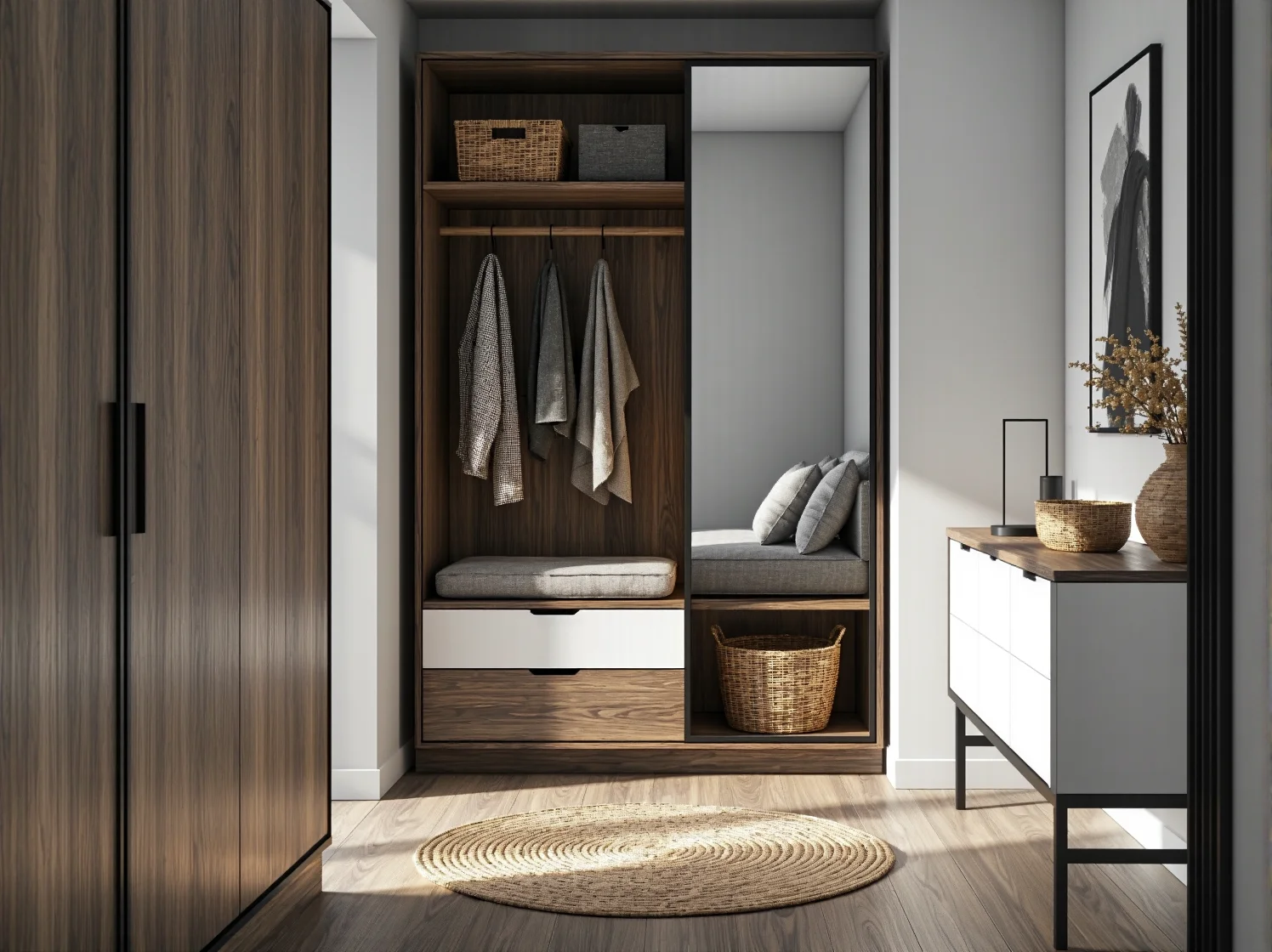 Wysoka szafa narożna aż po sufit, maksymalnie wykorzystująca dostępną przestrzeń.