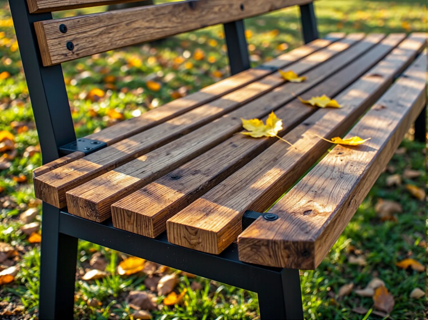 Drewniana ławka parkowa ze stalowym stelażem. Wytrzymałe materiały na meble miejskie.