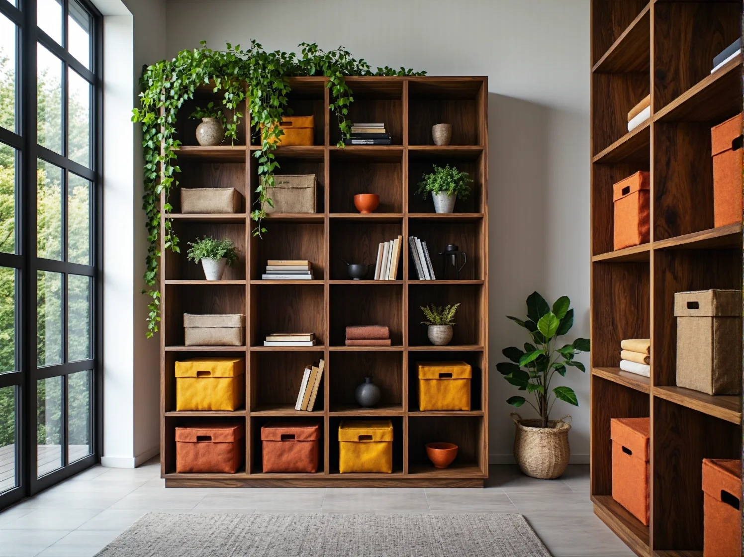 Zrównoważone meble biurowe i rośliny na regale w strefie pracy.