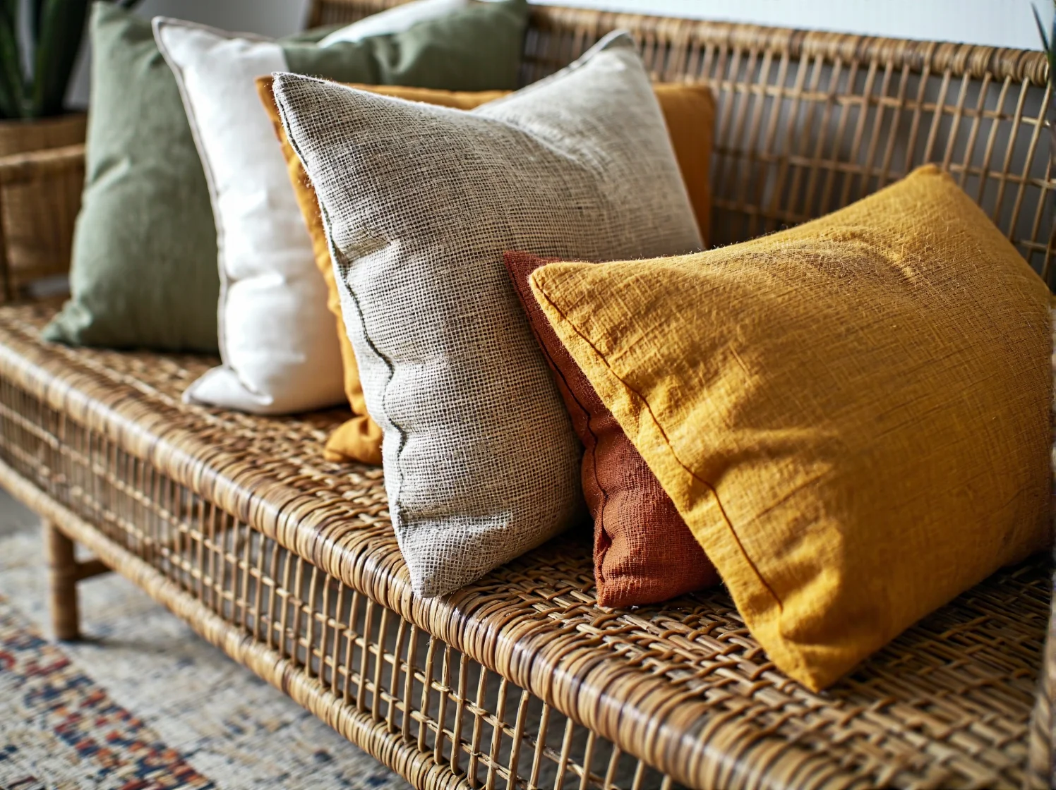 Zbliżenie na fakturę ekologicznych materiałów użytych w zrównoważonym designie salonu.